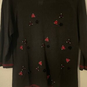 Bob Mackie Studio Black Embellished Blouse Velvet Trim And Flowers Size M
